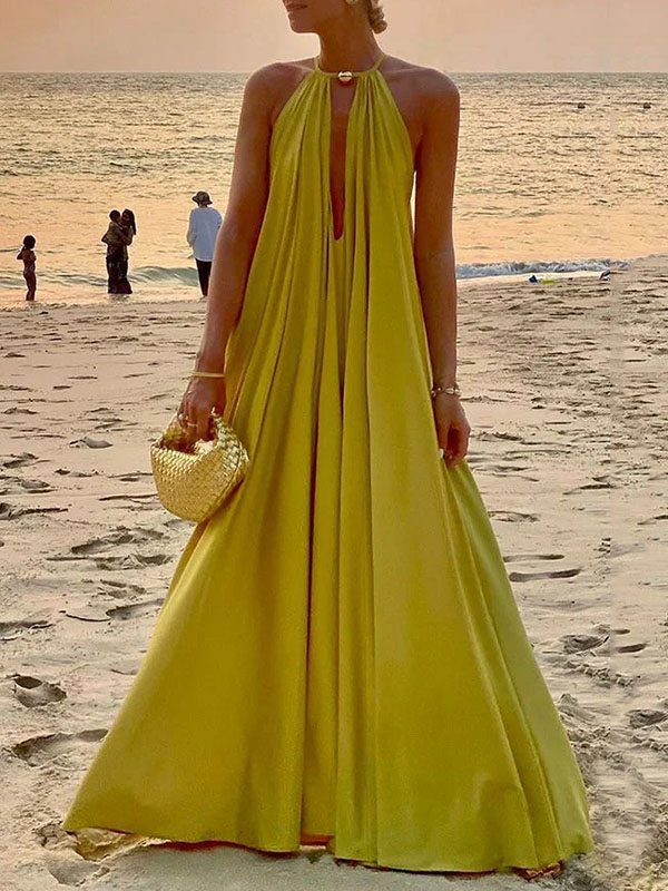 Sleeveless Solid Color Deep V-Neck Maxi Dresses