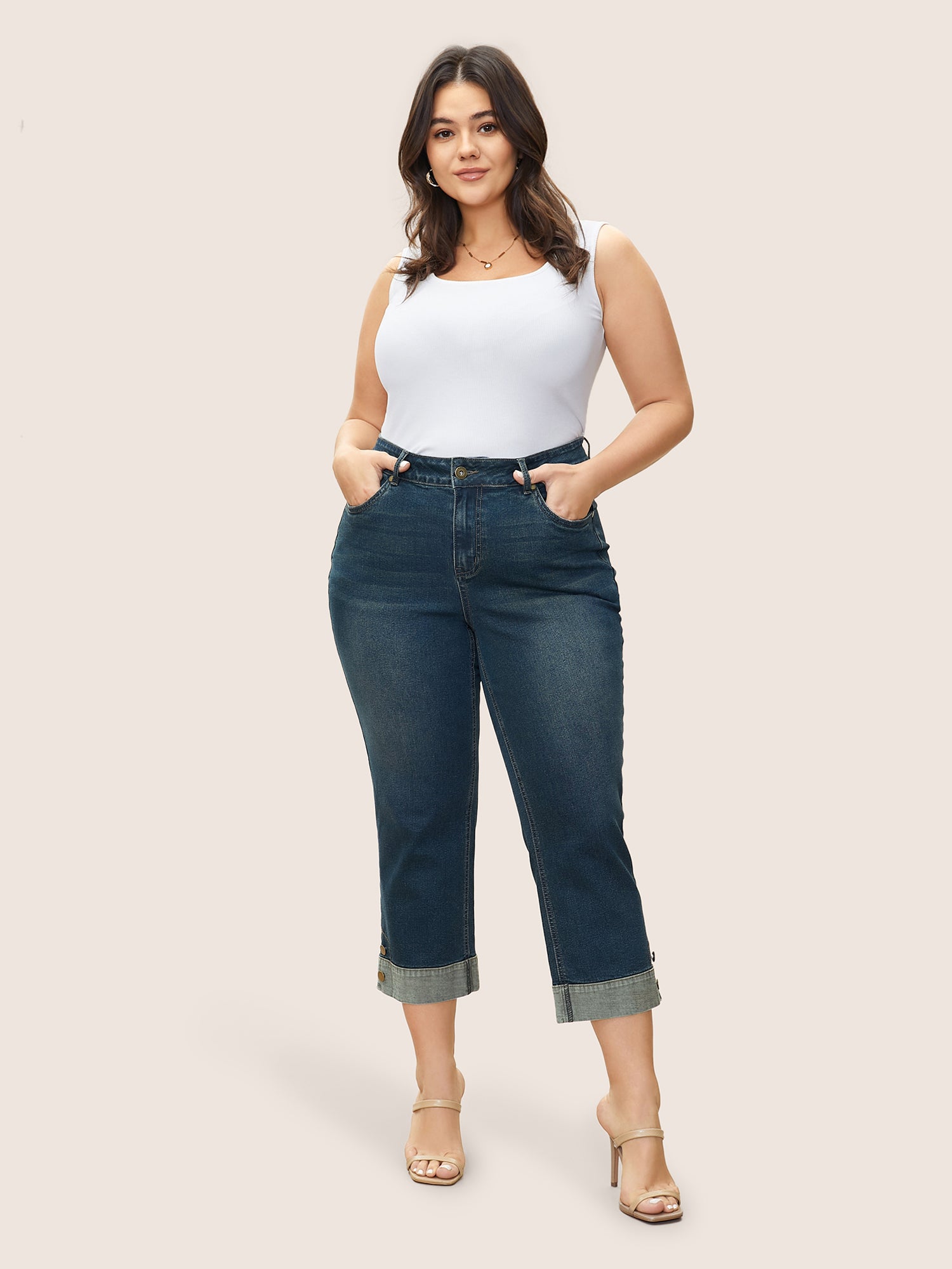 Straight Leg Patchwork Hem Metal Button Detail Jeans