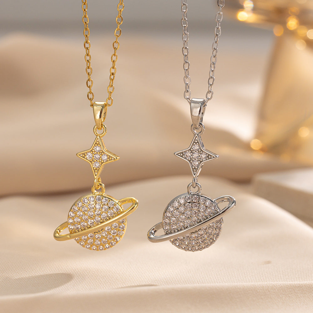 Full Diamond Happy Planet Real Gold Necklace Female Lucky Ins Clavicle Chain