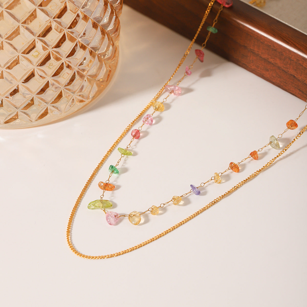 Ins Style Personality Trend Double Layer Necklace 18K Gold Stainless Steel Clavicle Chain Color Gravel Chain