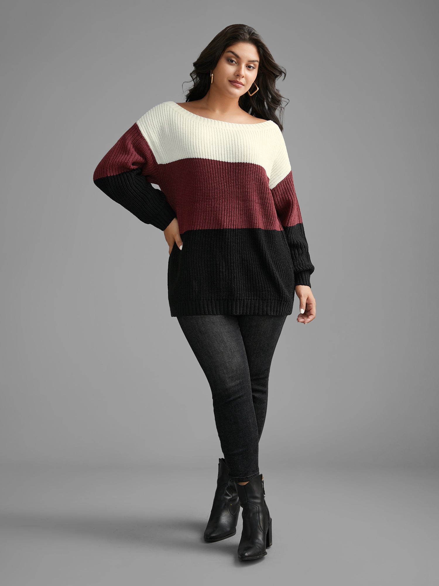 Boat Neck Colorblock Contrast Pullover