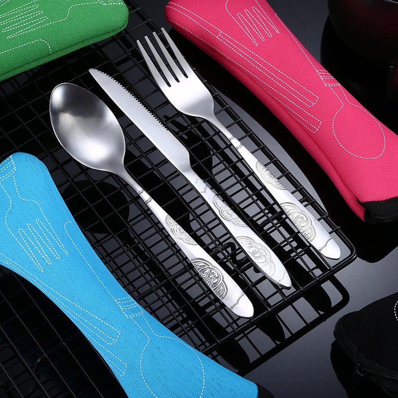 Stainless Steel Western-style Steak Knife. Fork And Spoon Creative Cloth Bag Portable Western-style Tableware Set Three-piece Set Supply