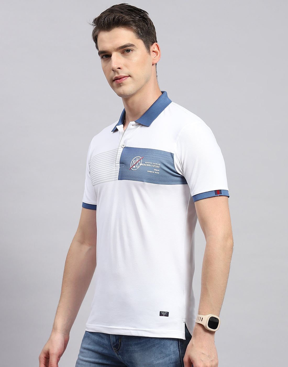 Men White Printed Polo Collar Half Sleeve T-Shirt