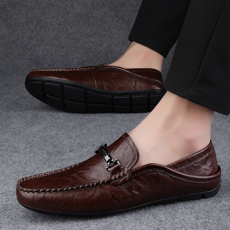 Getjiida Slip on Shoes Brand New Cowhide Casual Men's Soft Sole Comfortable Bean Shoes Spring/Summer Fashion Breathable Hollow Casual Leather Shoes