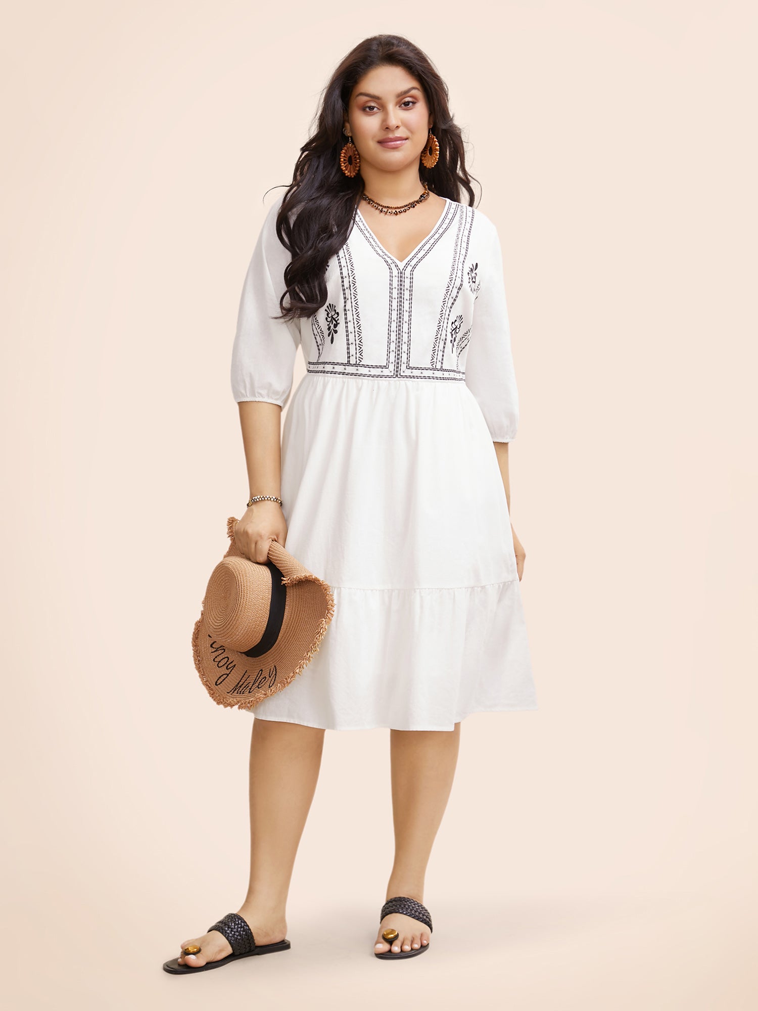 Boho Embroidered Elastic Waist Lantern Sleeve Dress