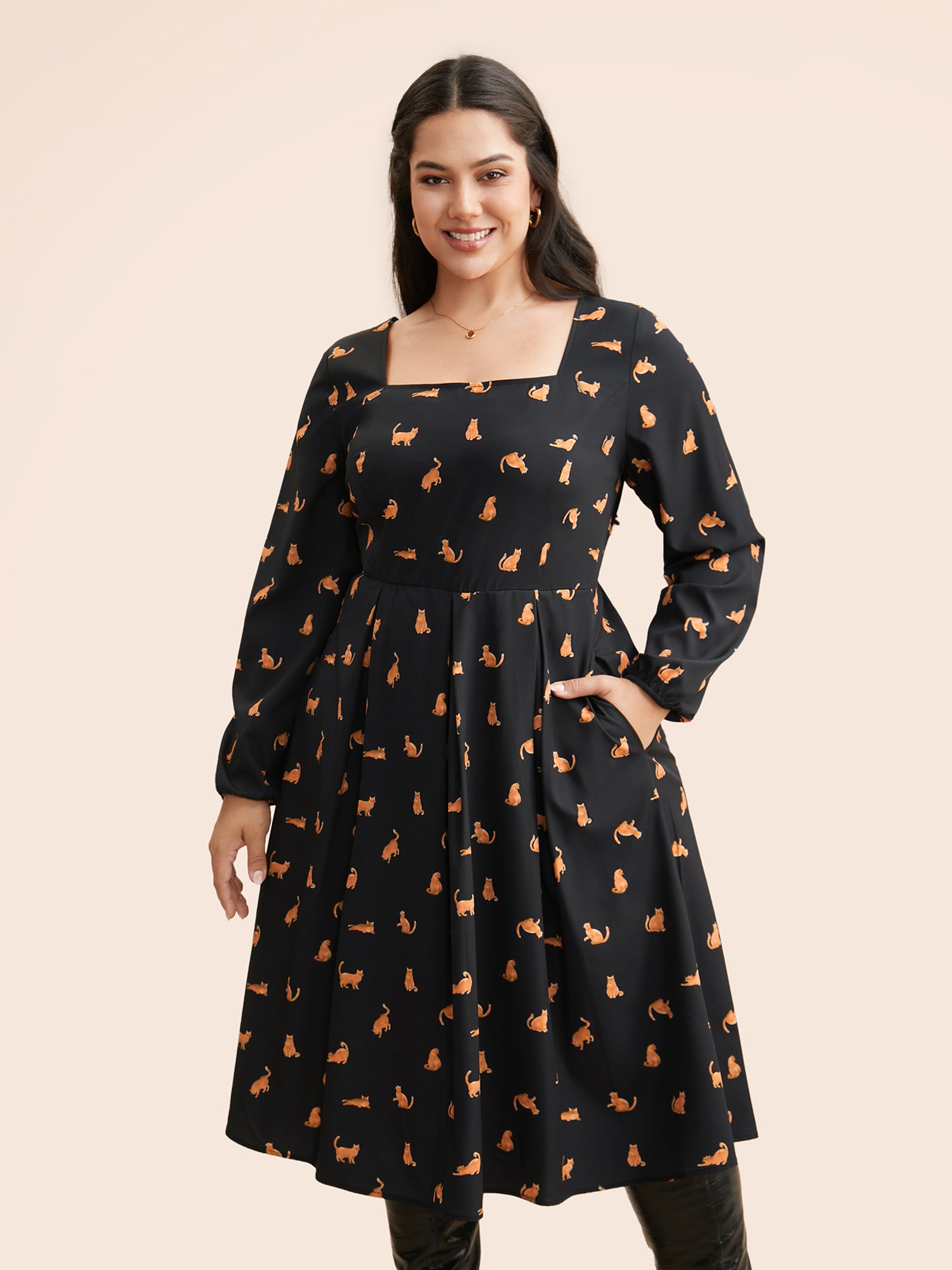 Square Neck Cat Print Pleated Dress