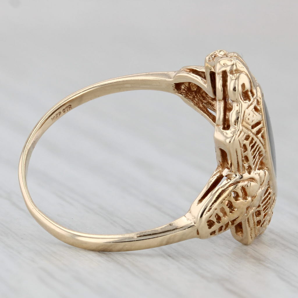 Onyx Navette Cabochon Filigree Ring 10k Yellow Gold Size 7.25