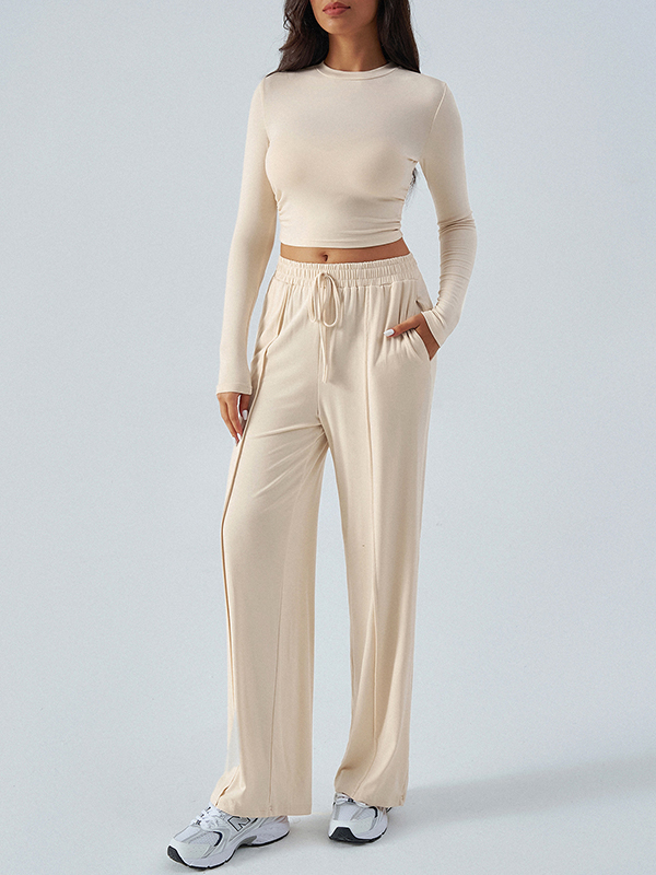 Long Sleeves Loose Solid Color Round-Neck T-Shirt Top + Drawstring Elasticity Pockets Pants Bottom Two Pieces Set