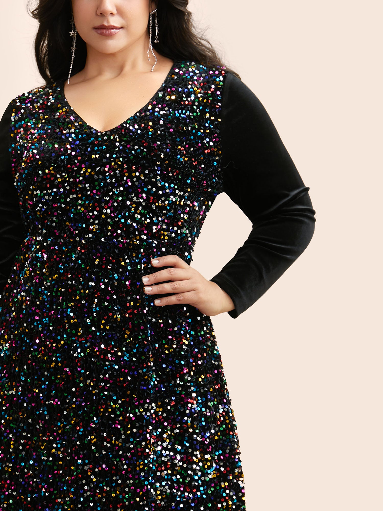 V Neck Sequin Patchwork Dress