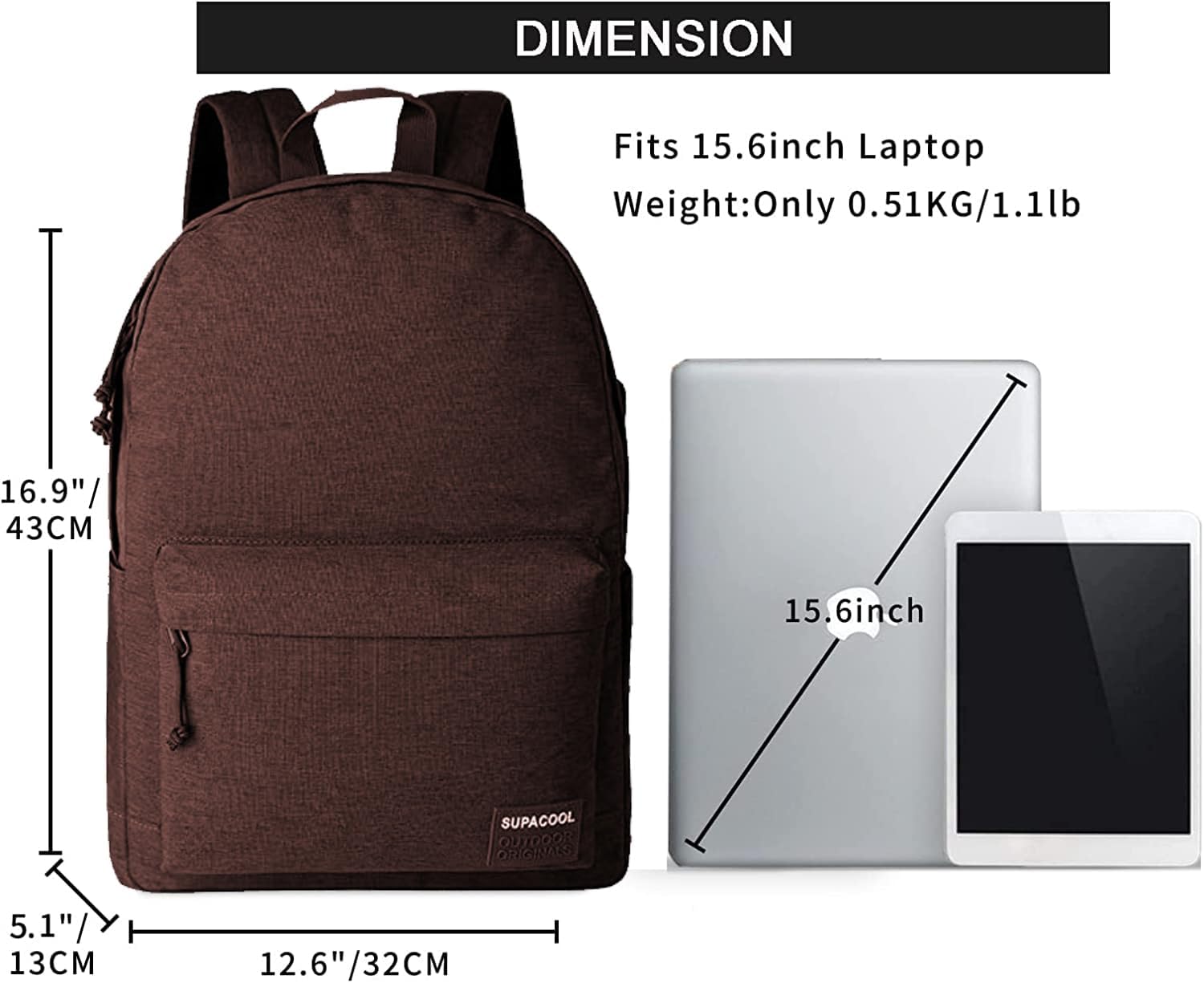 SUPACOOL Casual Laptop Backpack for Men and Women, School Backpack for Boys and Girls, College Bookbag, USB Charging Port, Lightweight Back Pack(Black)