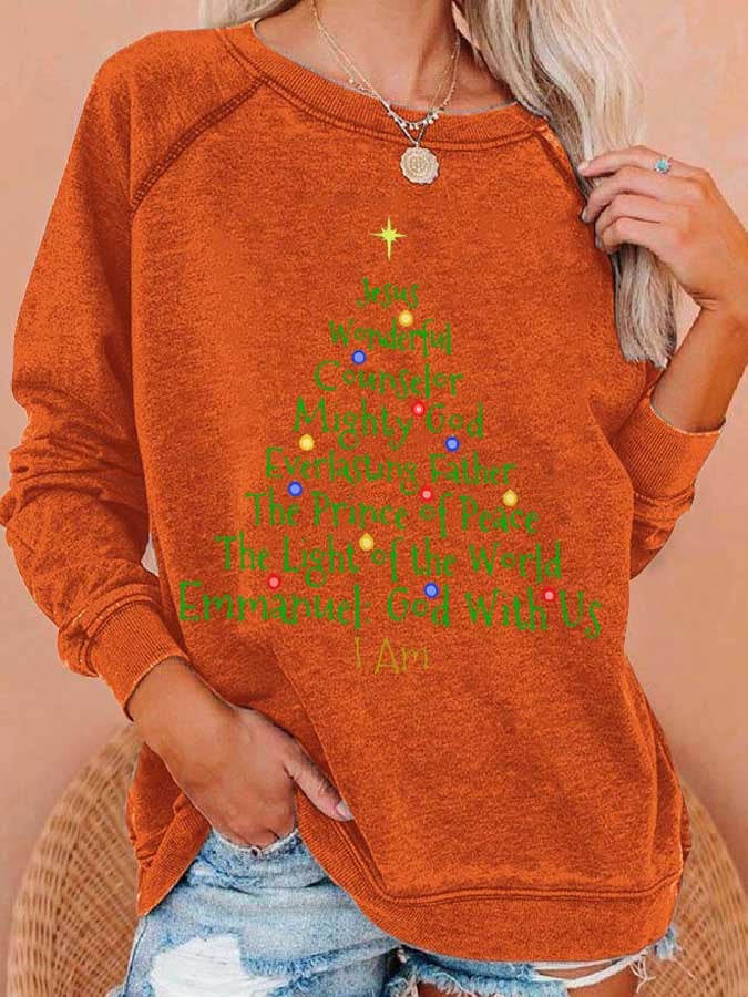 Women's Christmas Tree Jesus God Is With Us Print Casual Sweatshirt