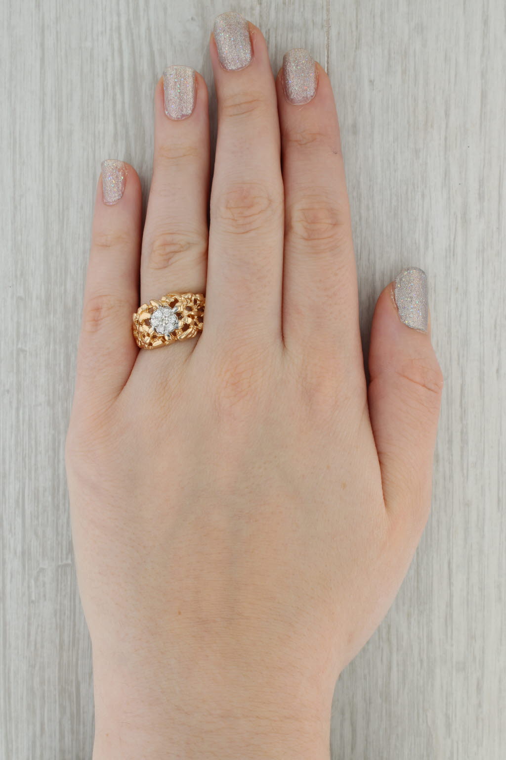 0.20ctw Diamond Cluster Nugget Ring 14k Yellow Gold Size 10.5 Men's