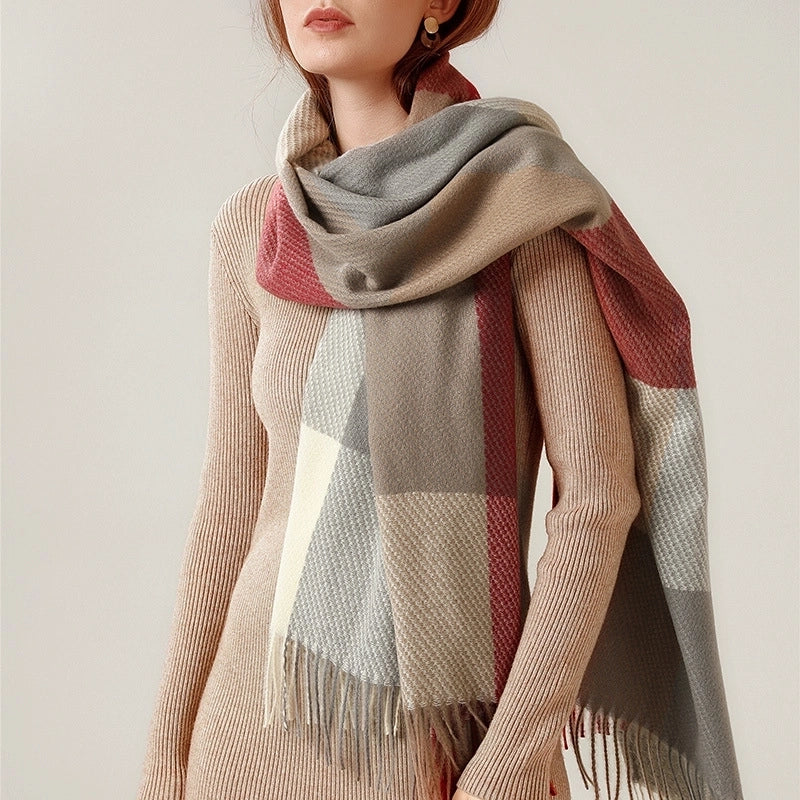 Women's Retro Color Block Imitation Cashmere Tassel Scarf
