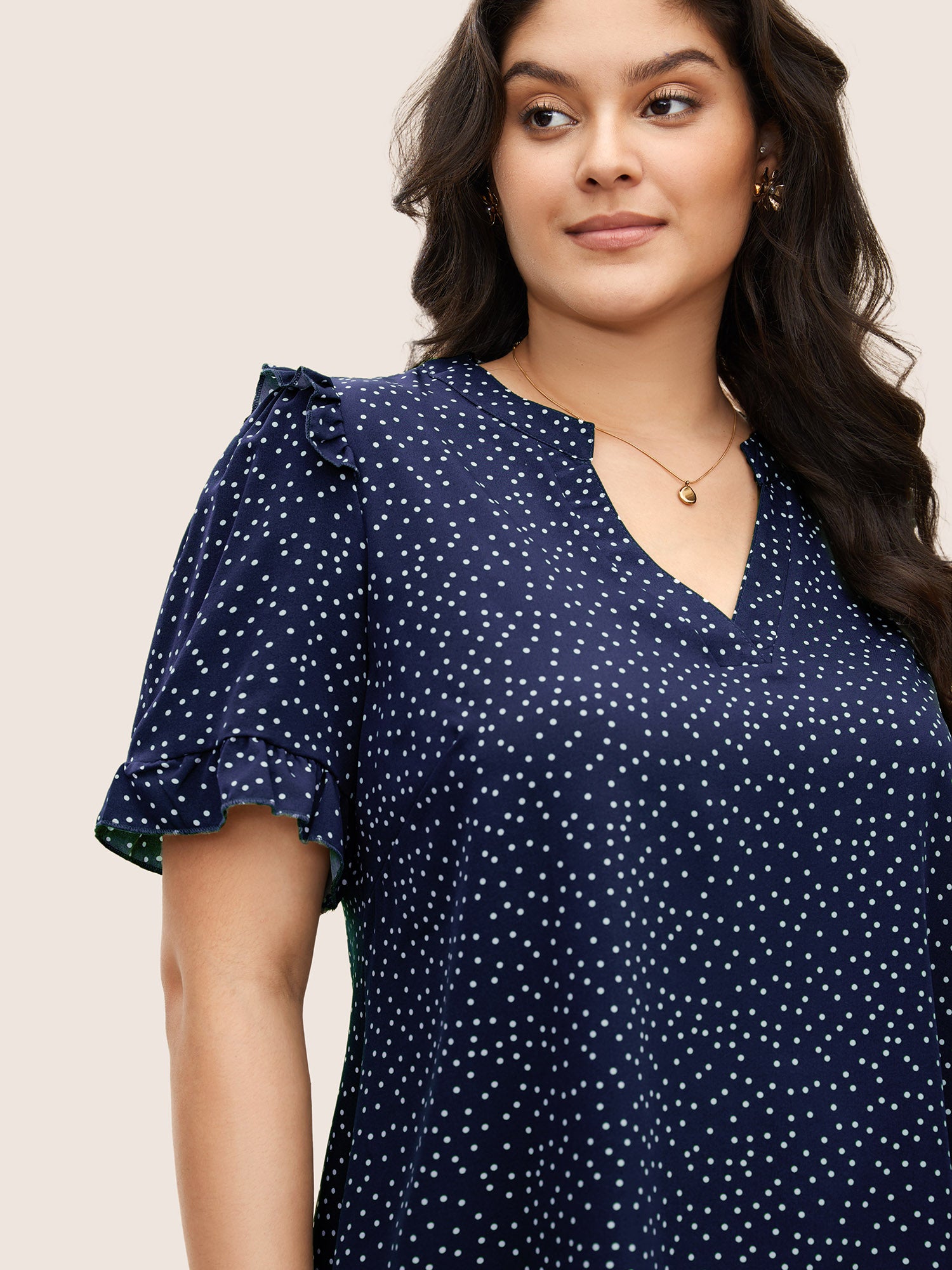 Polka Dot V Neck Ruffle Trim Blouse