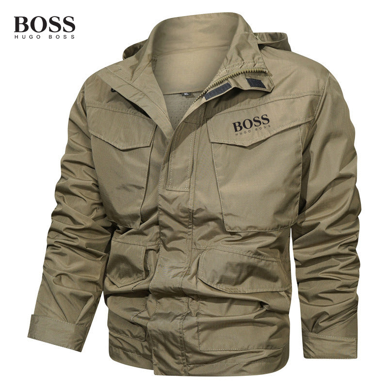 Boss Men-s Outdoor Waterproof Mid-Length Hooded Jacket