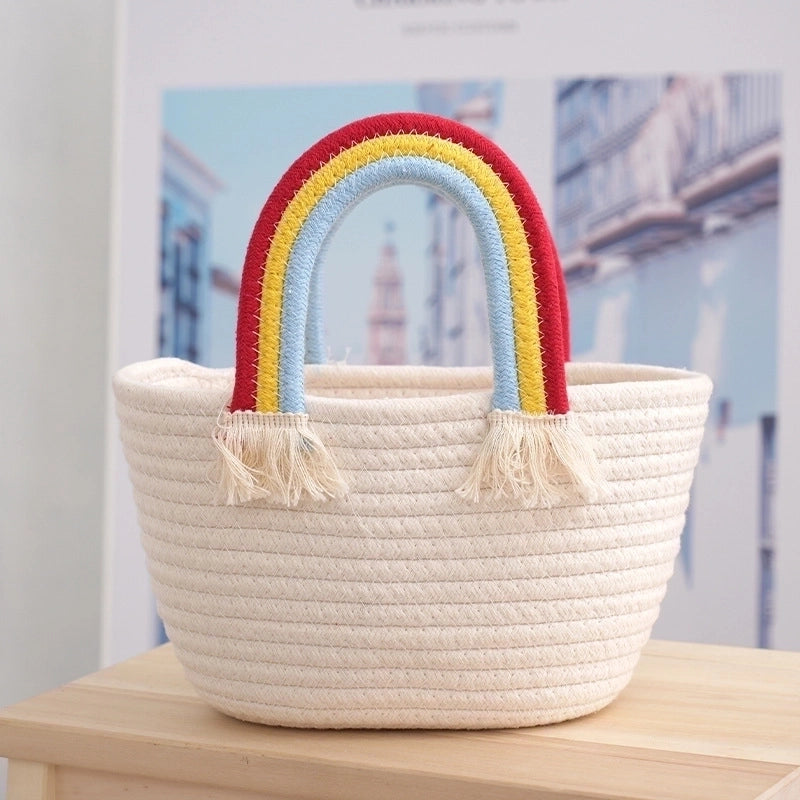Women's Medium Cotton Rainbow Solid Color Vacation Beach Weave Bucket Open Straw Bag