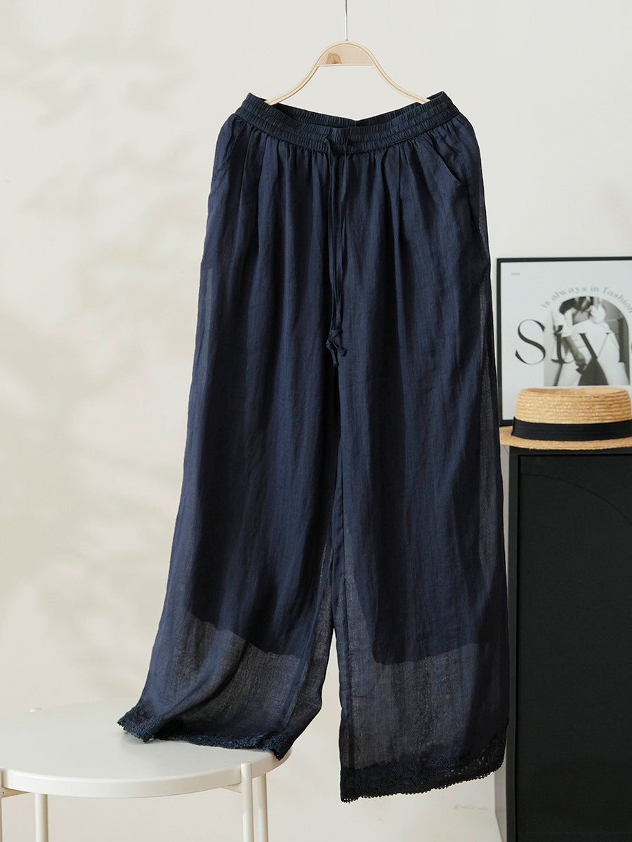 Women Summer Artsy Pure Color 100%Ramie Wide-leg Pants