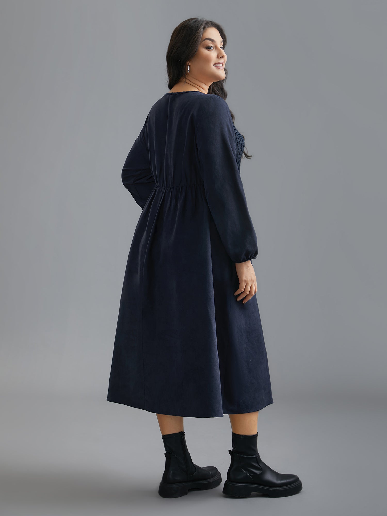 Textured Button Detail Lantern Sleeve Dress