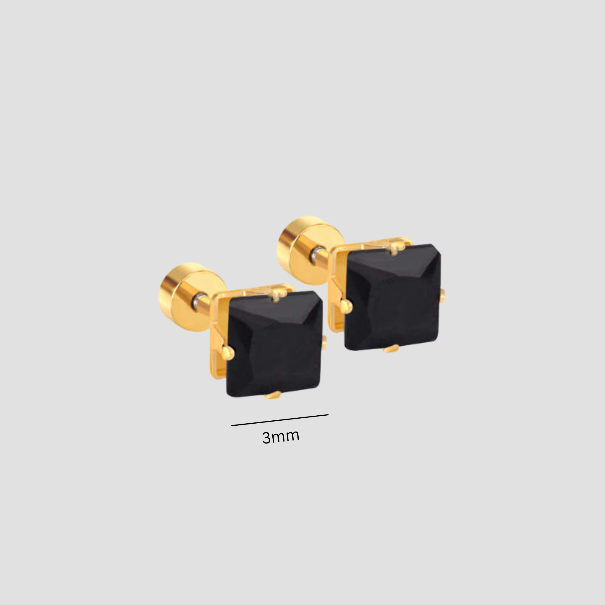 3mm Square black diamond studs - Gold