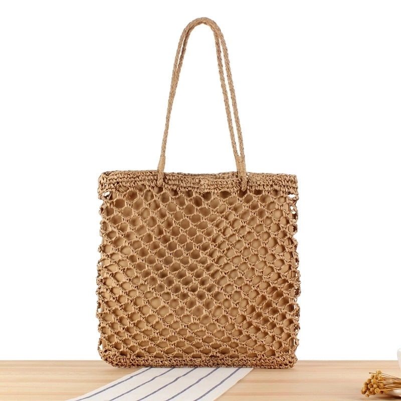 Women's Large Paper String Solid Color Business Zipper Straw Bag
