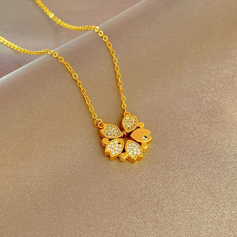 Fashion Flower Butterfly Titanium Steel Copper Pearl Plating Inlay Rhinestones Pendant Necklace 1 Piece