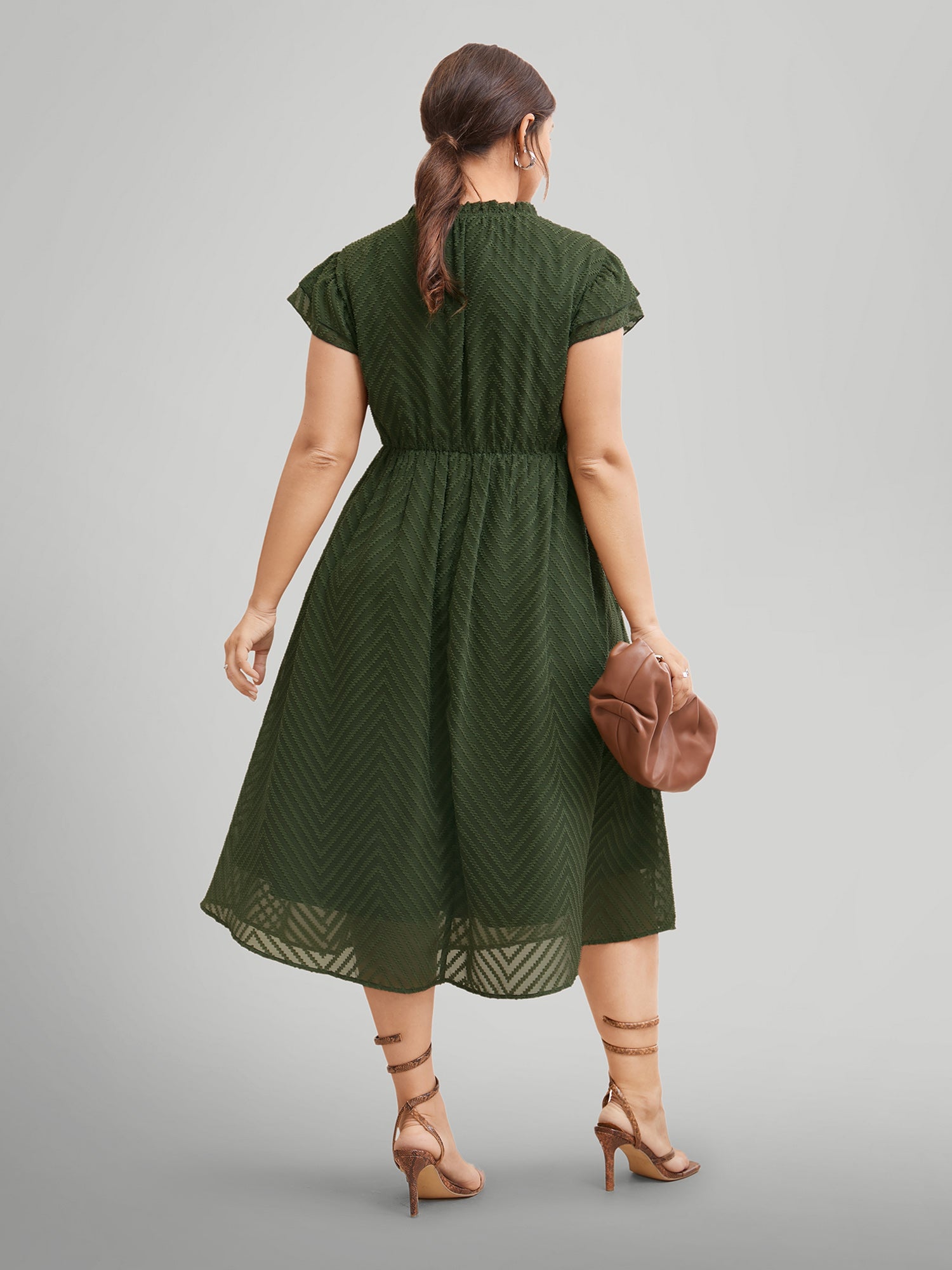 Plain Geometric Layered Sleeve Pocket Ruffle Mock Neck Dress