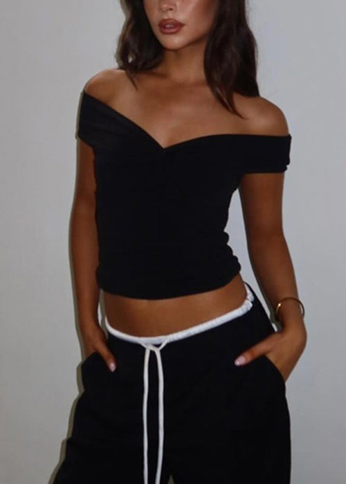 Slim Fit Black Slash Neck Solid Cotton T Shirts Summer
