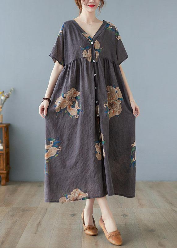 Plus Size Grey Retro Button Summer Print Half Sleeve Maxi Dress