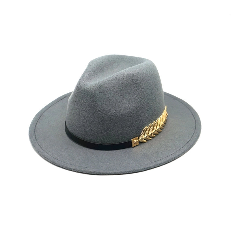 Style Fish Bone Gold Leaf Wool Gentleman Hat Large Brim Felt Hat Jazz Big Maple Leaf Imitation Wool Hat