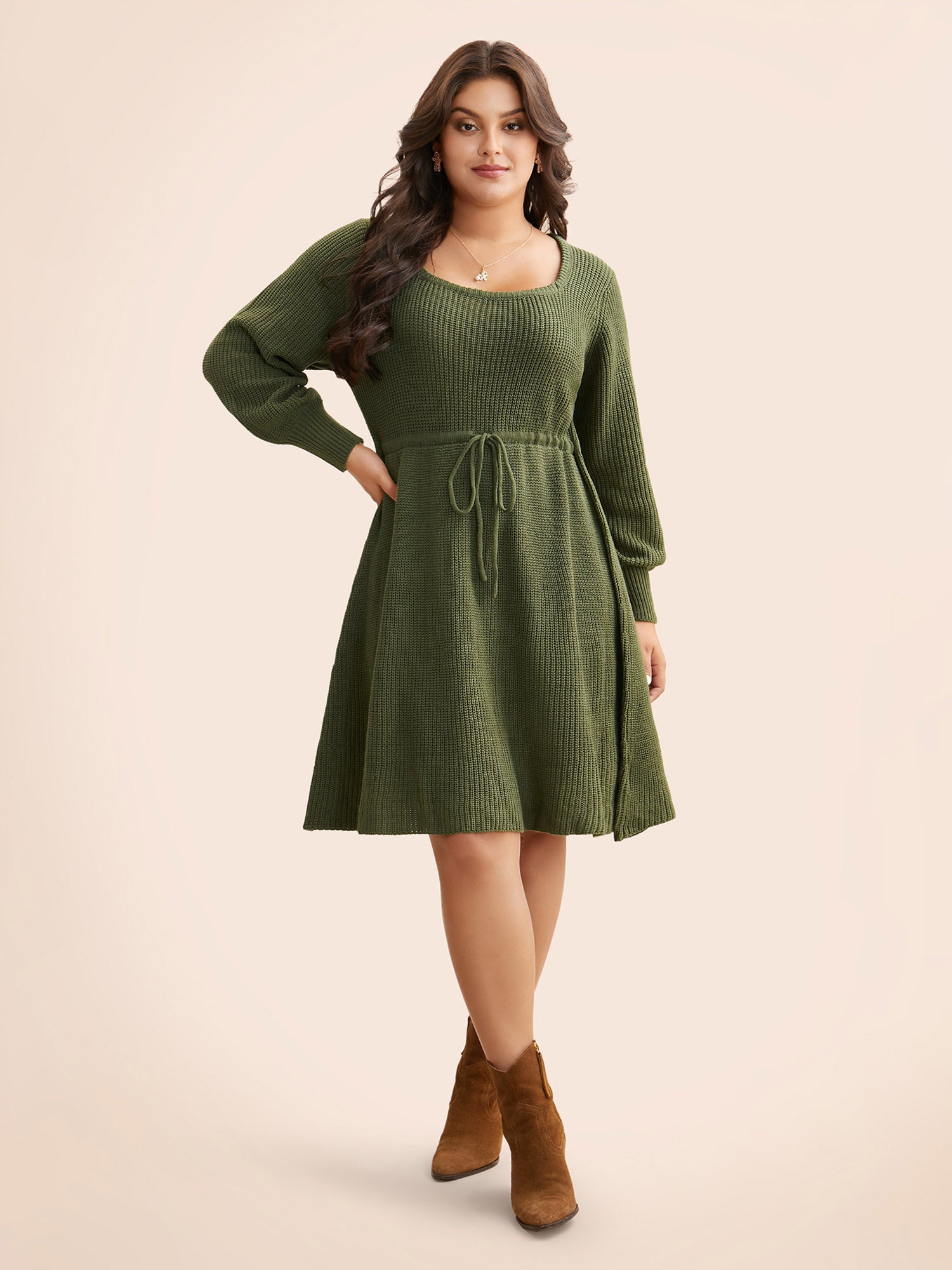 Square Neckline Waist-Tie Midi Sweater Dress