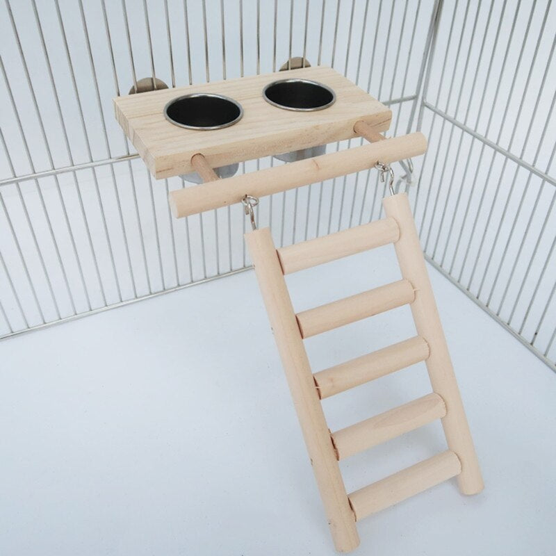 Bird Wood Ladder Toy With Stainless Steel Feeding Bowl