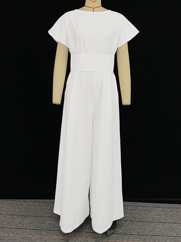 Loose Raglan Sleeve Pleated Solid Color Split-Joint Zipper Round-Neck Jumpsuits