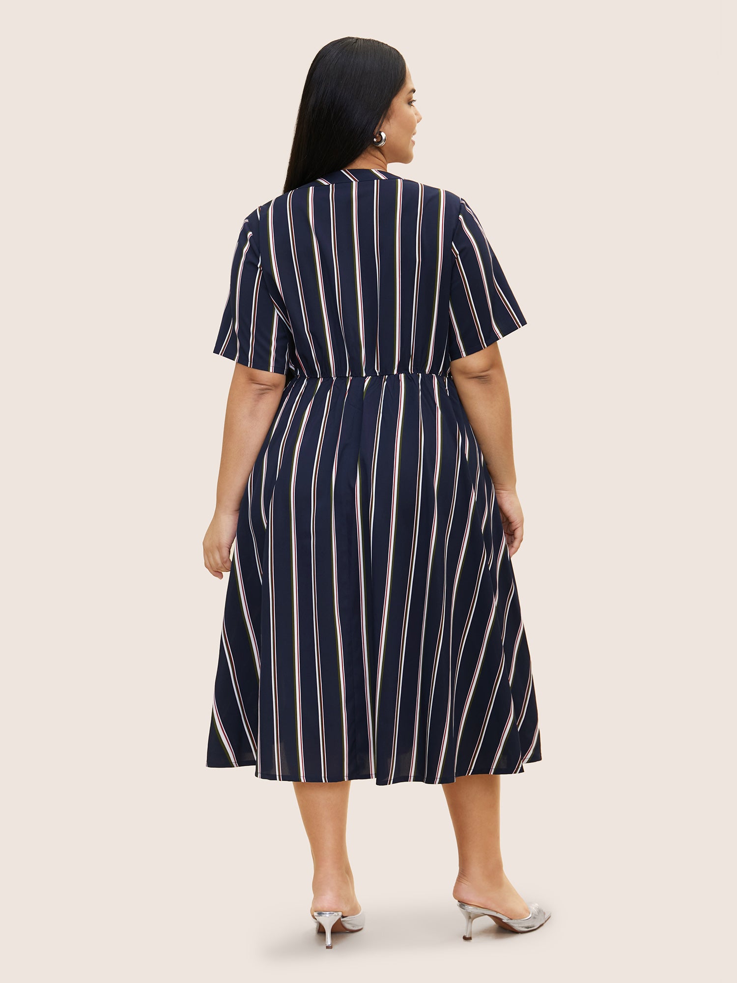 Notched Collar Striped Elastic Waist Midi Dress