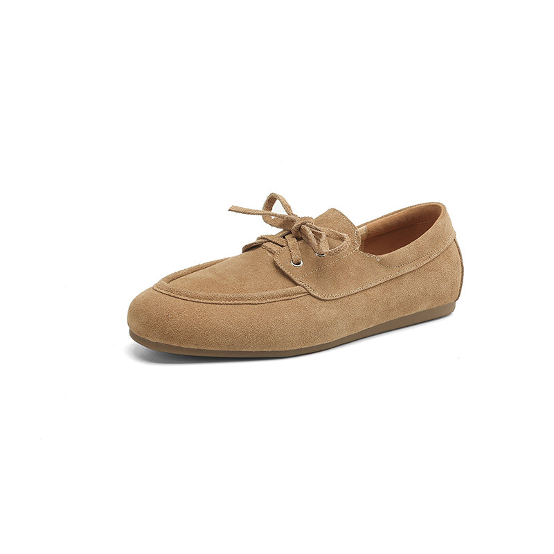 Women's Suede Leather Lace-Up Boat Shoes Round Toe Casual Driving Loafers in Deep Brown/Coffee