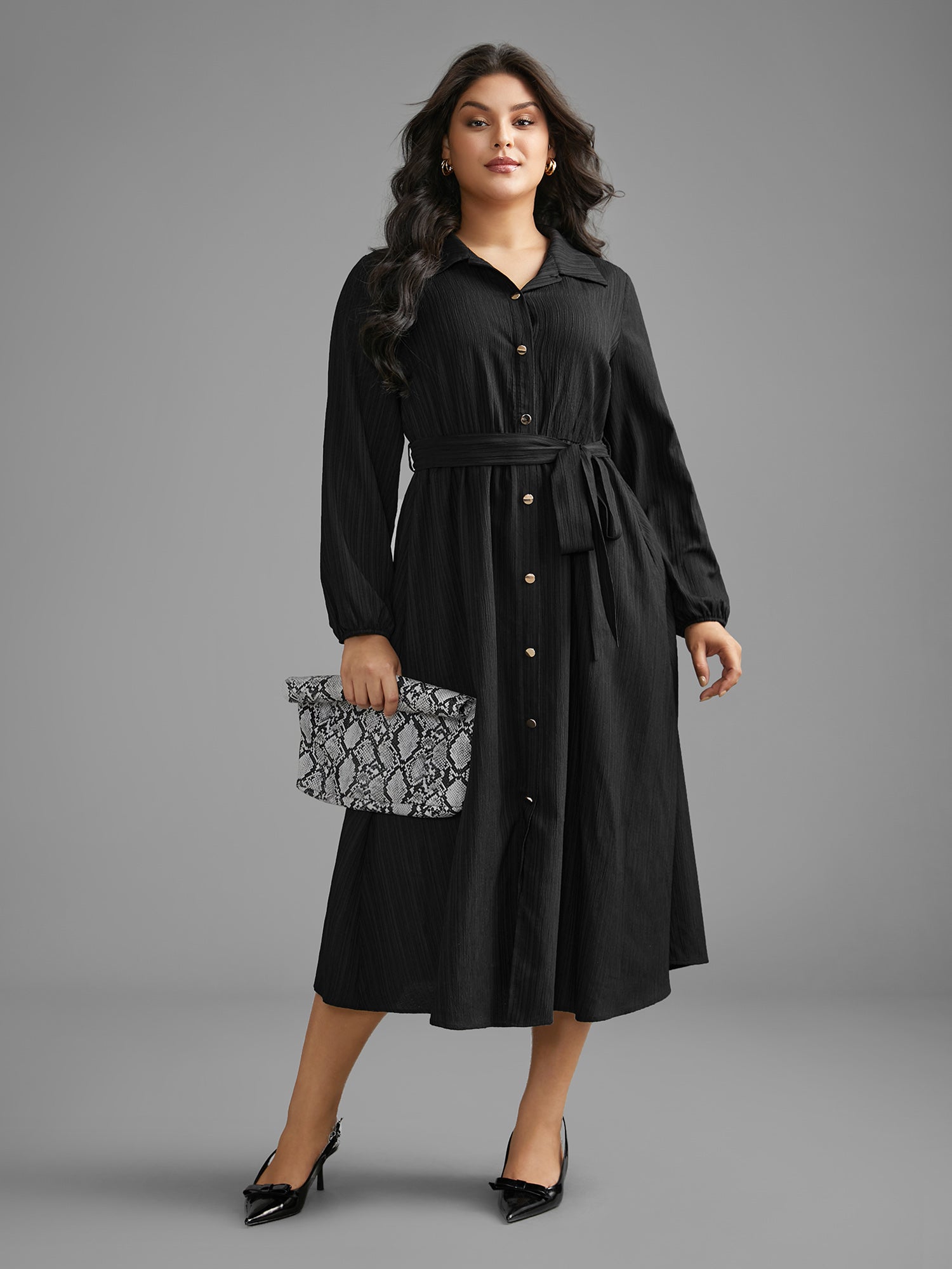 Textured Shirt Collar Button Up Dress