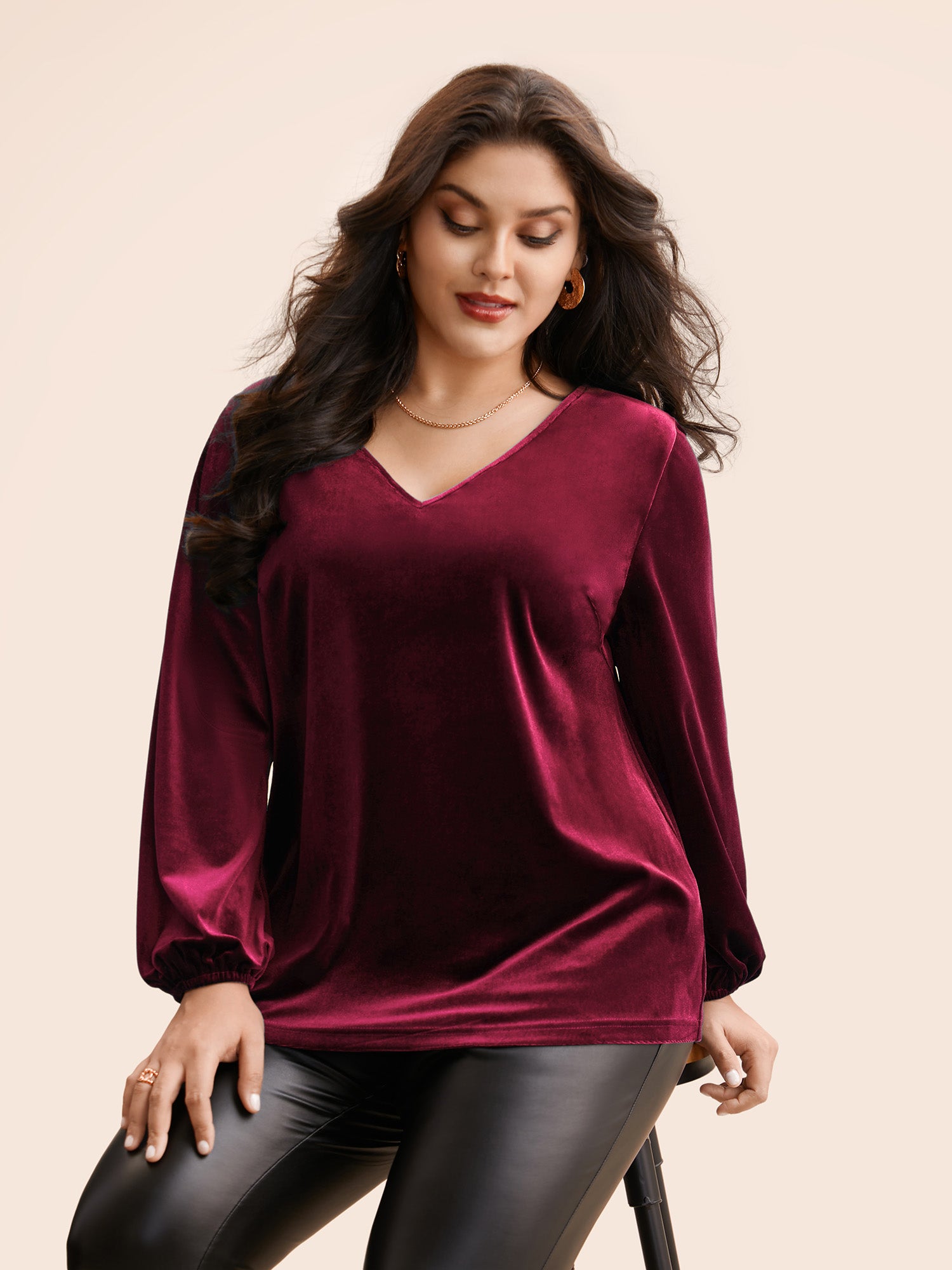 V Neck Velvet Lantern Sleeve Blouse