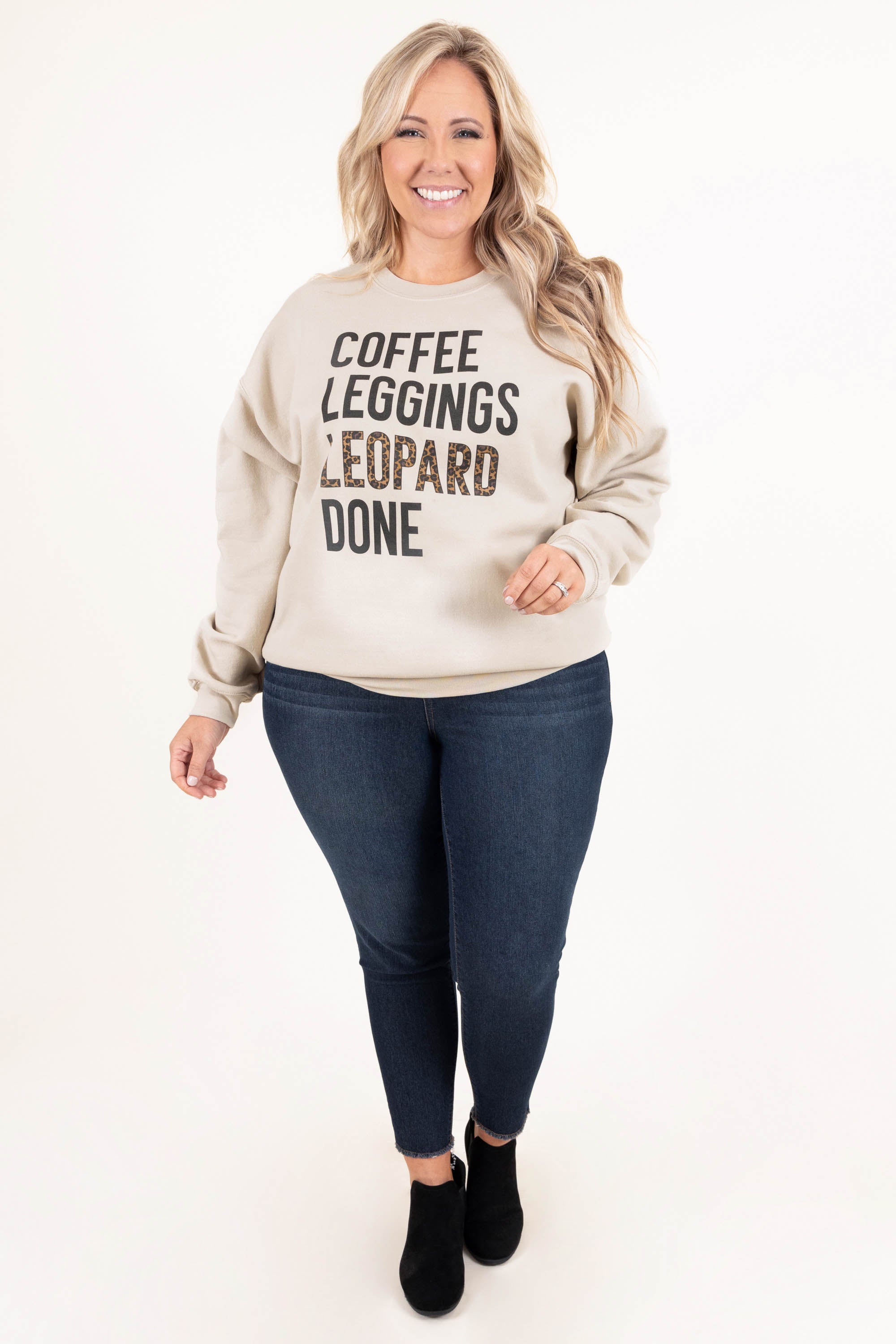 Coffee. Leggings. and Leopard Sweatshirt. Sand