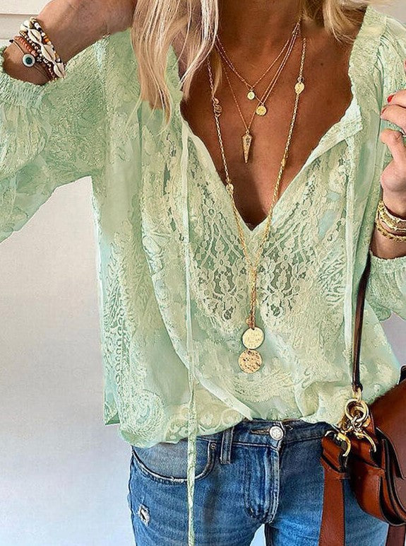 Printed Solid Color Lace Shirt