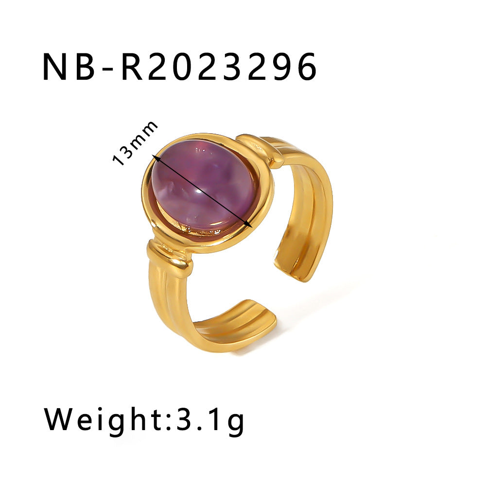 Natural Stone Ring Retro Niche Personality Open Stainless Steel Ring