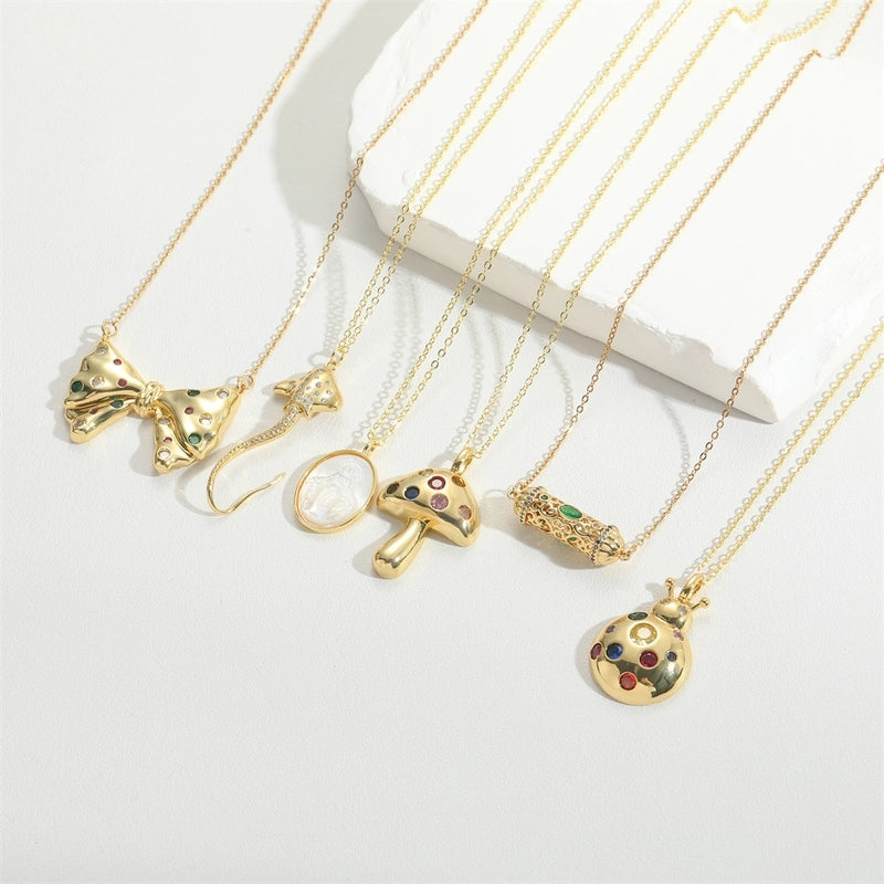 Copper 14K Gold Plated Vintage Style Minimalist Plating Inlay Butterfly Zircon Pendant Necklace