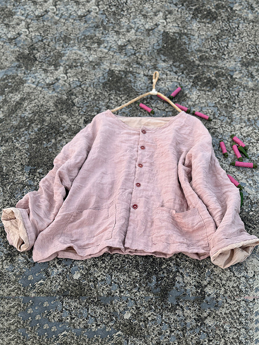 Women Vintage Autumn Pure Color O-Neck Shirt Coat
