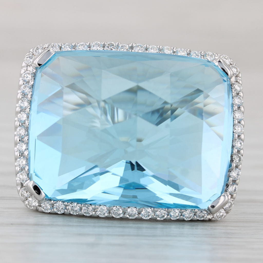 37.47ctw Blue Topaz Diamond Halo Ring 18k White Gold Size 6.5 Cocktail