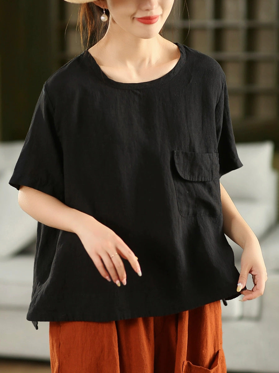 Women Summer Artsy Pure Color 100%Linen O-Neck Shirt