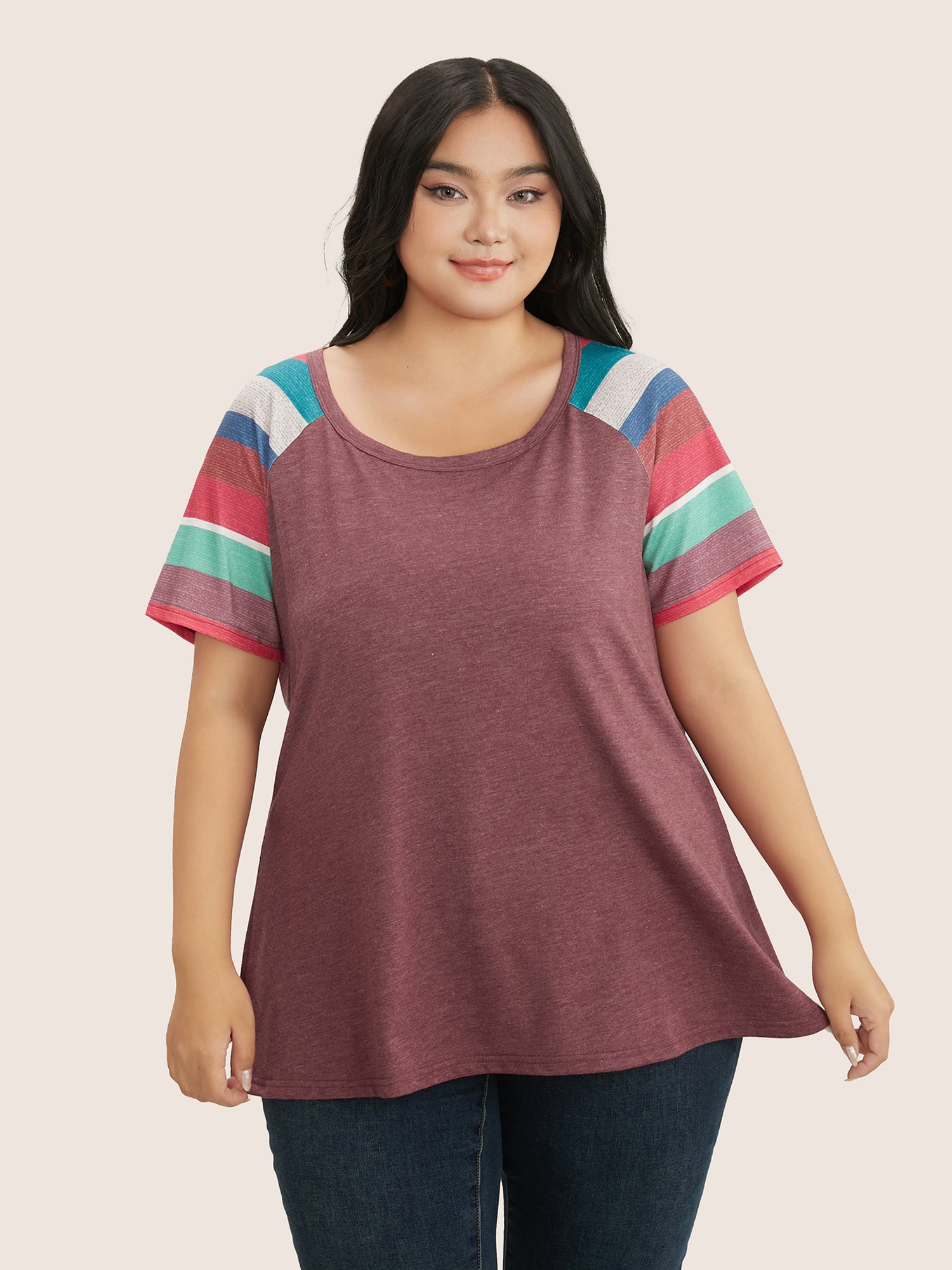 Striped Contrast Raglan Sleeve Round Neck T-shirt