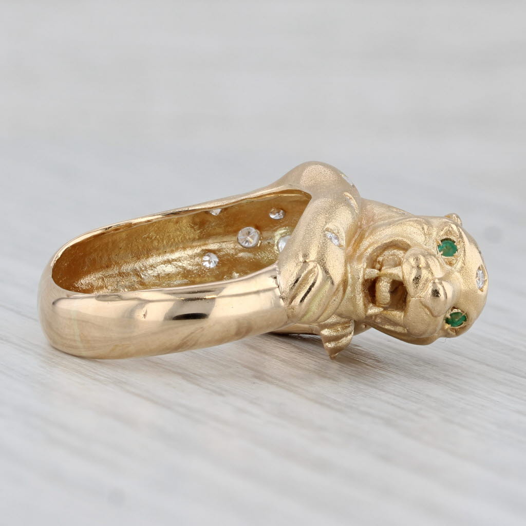 0.36ctw Diamond Leopard Ring 18k Yellow Gold Size 8.75 Emerald Eyes