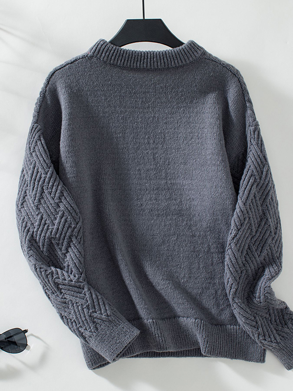 Long Sleeves Loose Solid Color Split-Joint Round-Neck Pullovers Sweater Tops