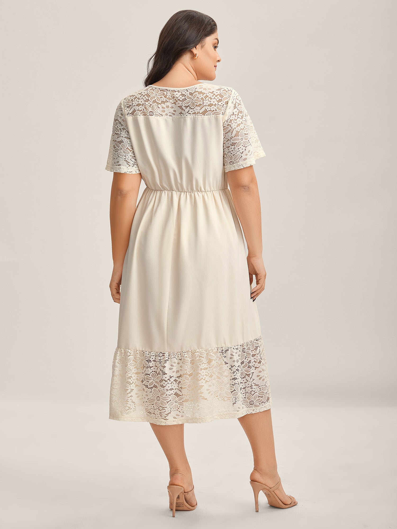 Sheer Lace Pockets Solid Midi Dress