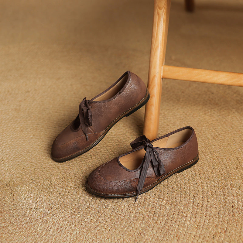 Classic Leather Mary Jane Flats for Women Lace-Up Comfort Shoes in Black/Brown