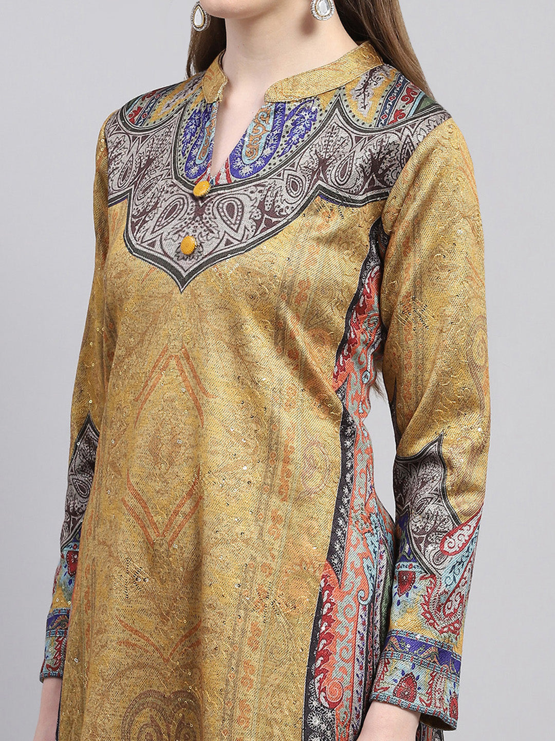 Women Yellow Printed Round Neck Full Sleeve Kurti Set for Winter