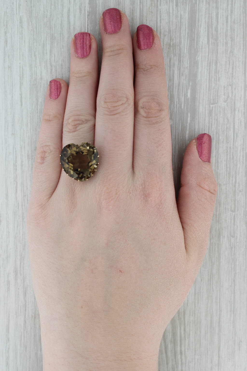Large 26ct Smoky Quartz Heart Ring 14k Yellow Gold Size 7.25 Statement Cocktail